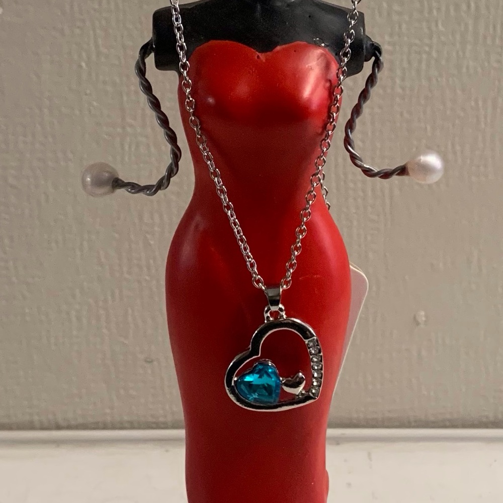 Fashion Jewelry Silver Heart Necklace with Blue Heart Gem Accent